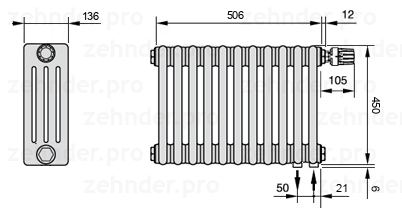 Схема (чертеж) Радиатор Zehnder Charleston 4045/11 №V002 Белый глянцевый RAL 9016